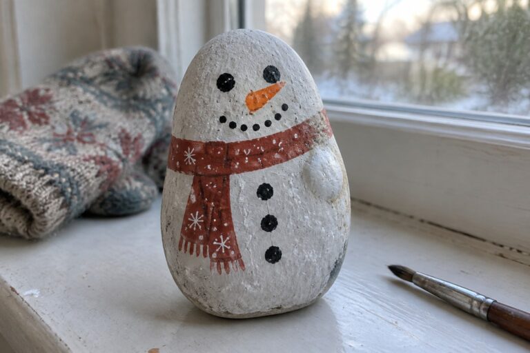 Painted white rock snowman with red scarf, orange nose, and black buttons beside paintbrush on sill