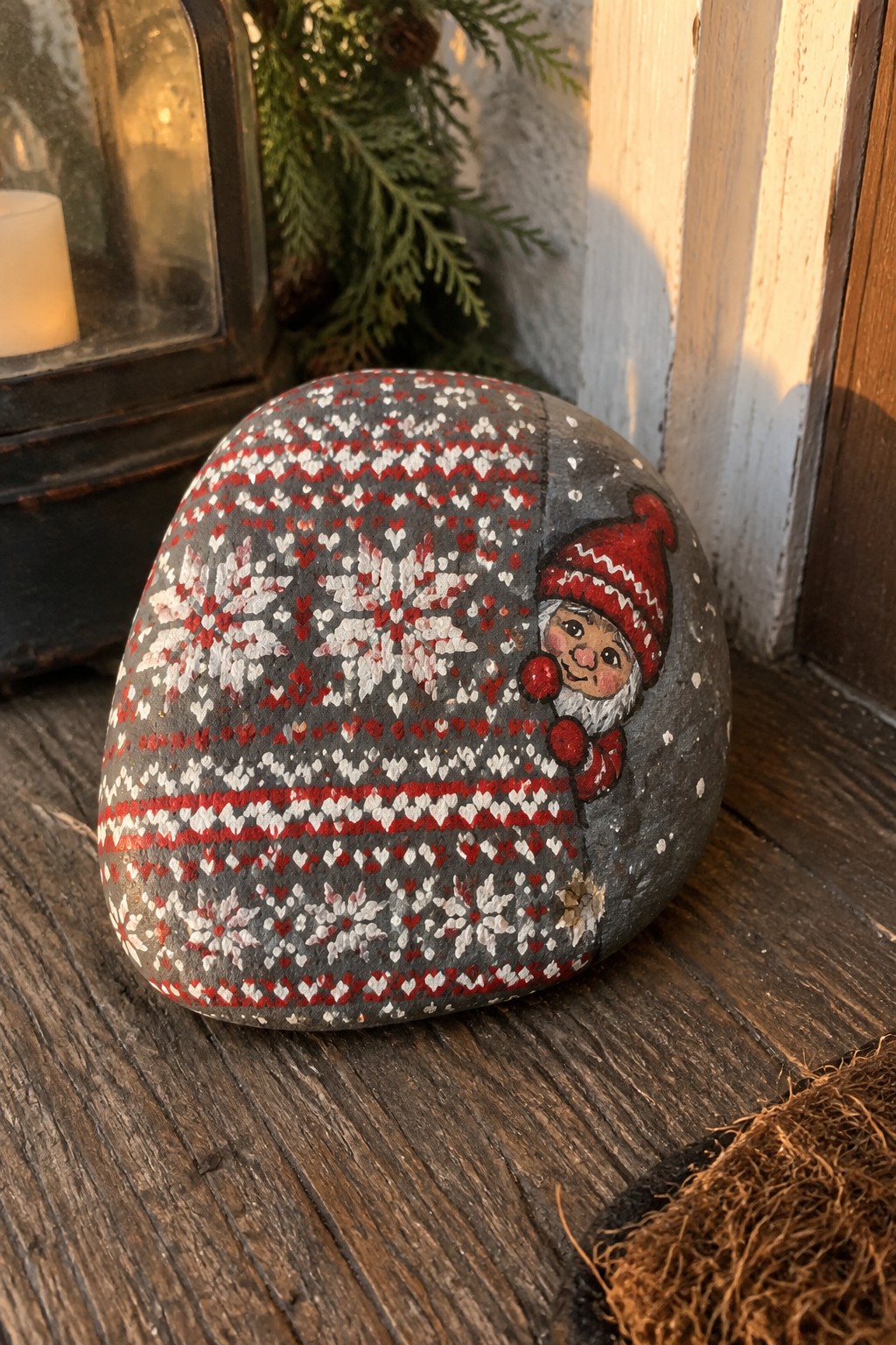 A gray rock painted with red and white snowflakes and a small gnome in a red hat.