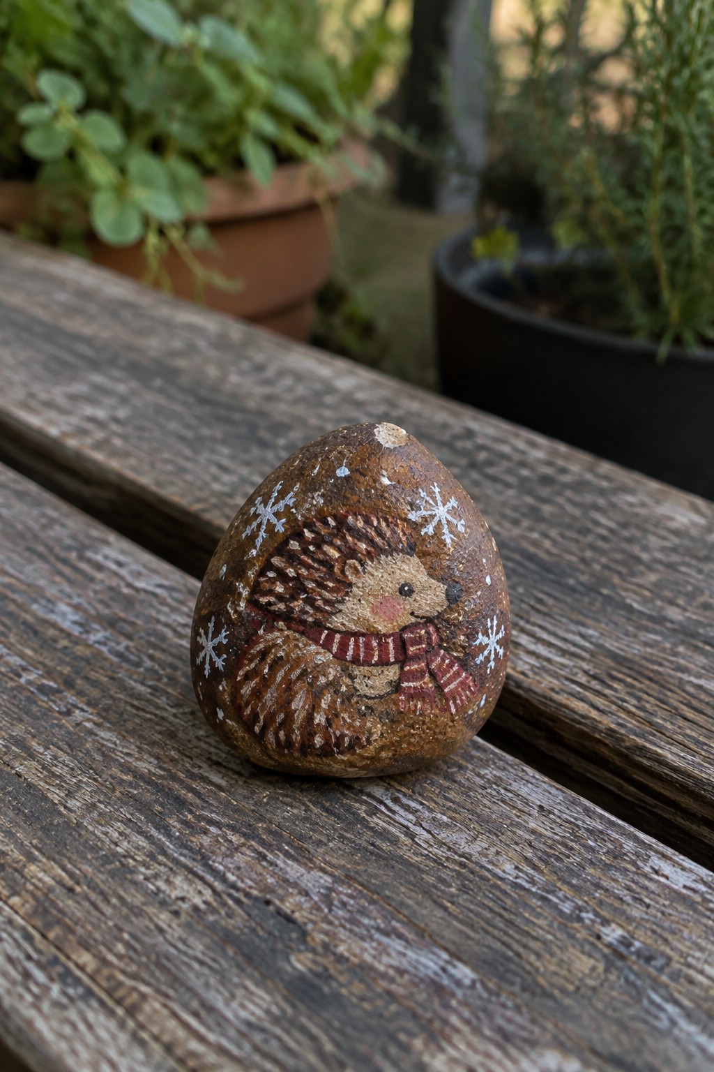 Painted rock of hedgehog in red striped scarf with snowflakes on wooden bench.