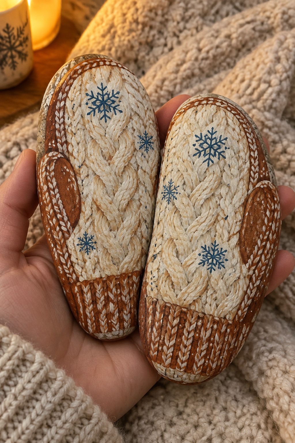 Hand holding two painted rocks shaped as knitted mittens with blue snowflakes.