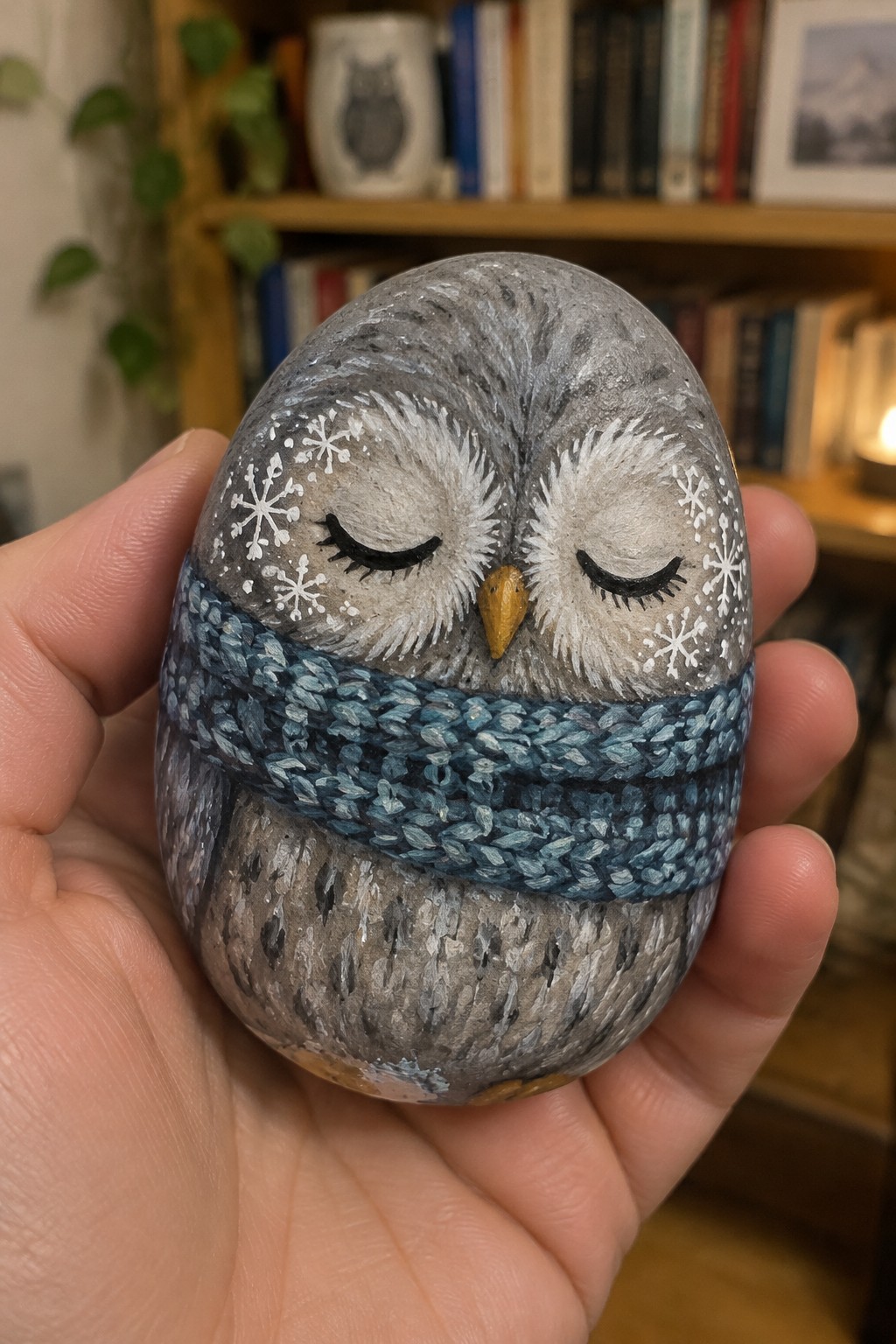 Hand holding gray painted owl rock with blue knitted scarf and snowflakes