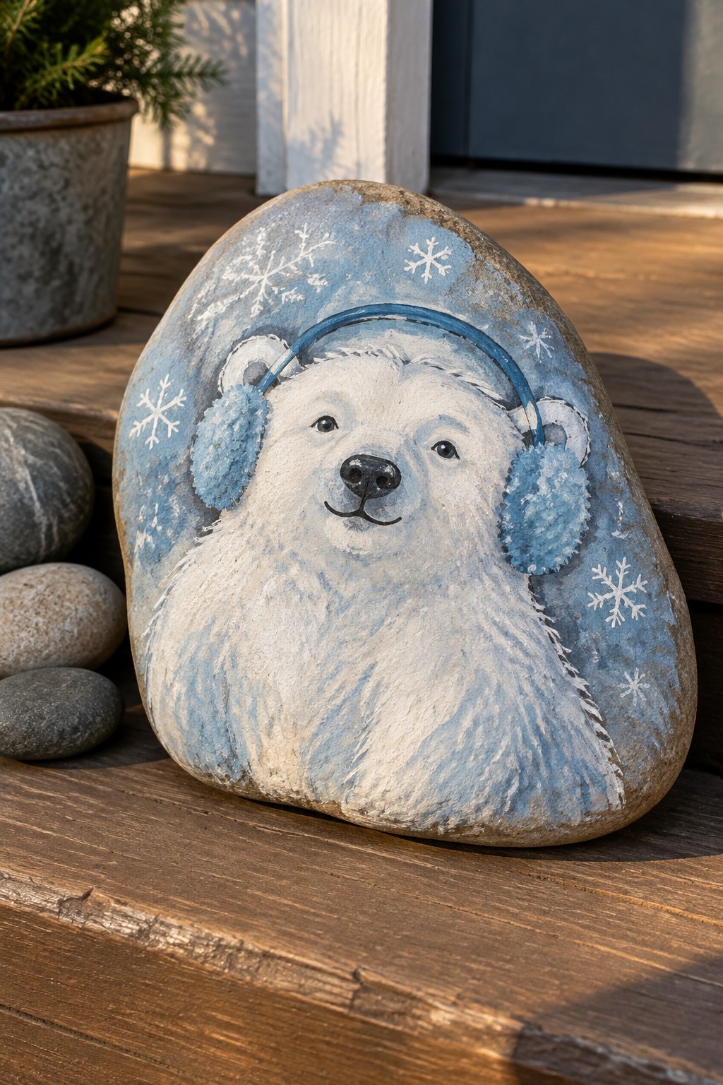 Painted rock of white polar bear in blue earmuffs with snowflakes on wood