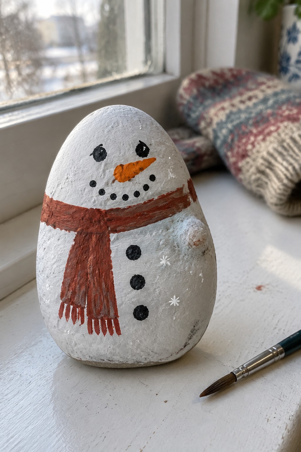 Painted white rock snowman with red scarf, orange nose, and black buttons beside paintbrush on sill