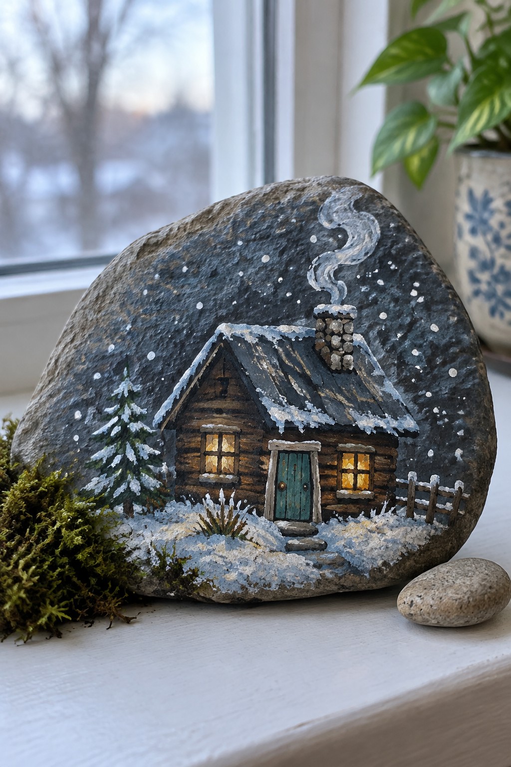 Painted rock of snowy log cabin with smoking chimney, glowing windows, and pine tree