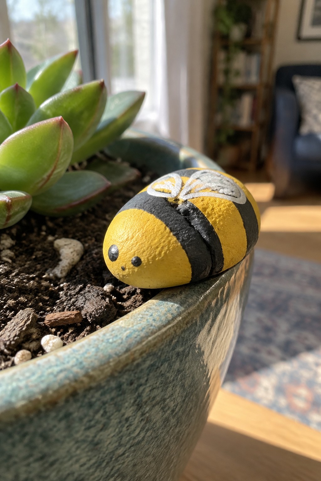 Painted yellow and black bee rock on succulent plant pot rim.
