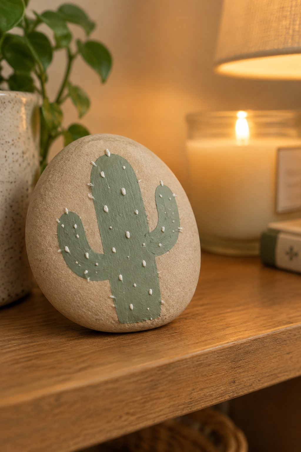 Painted beige stone with green cactus on wooden table near lit candle