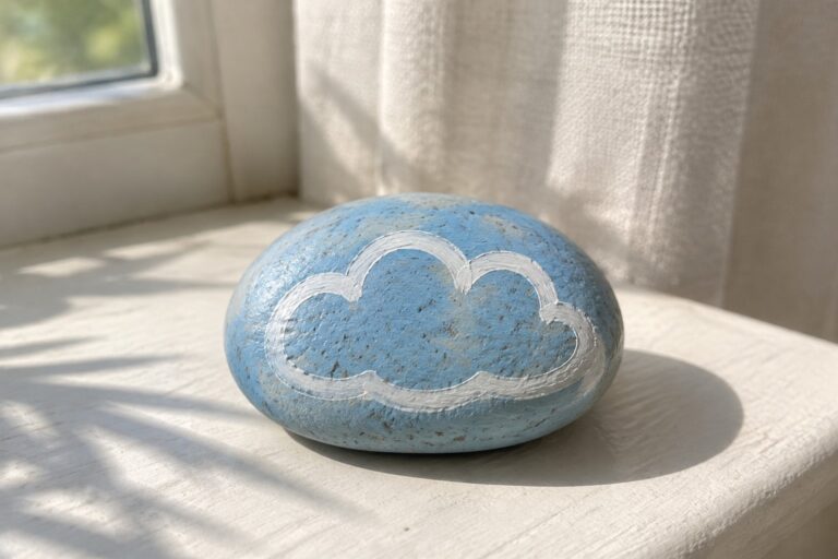 18 Beginner Rock Painting Templates for Simple Outlines A light blue painted oval rock with a white cloud outline rests on a white windowsill.