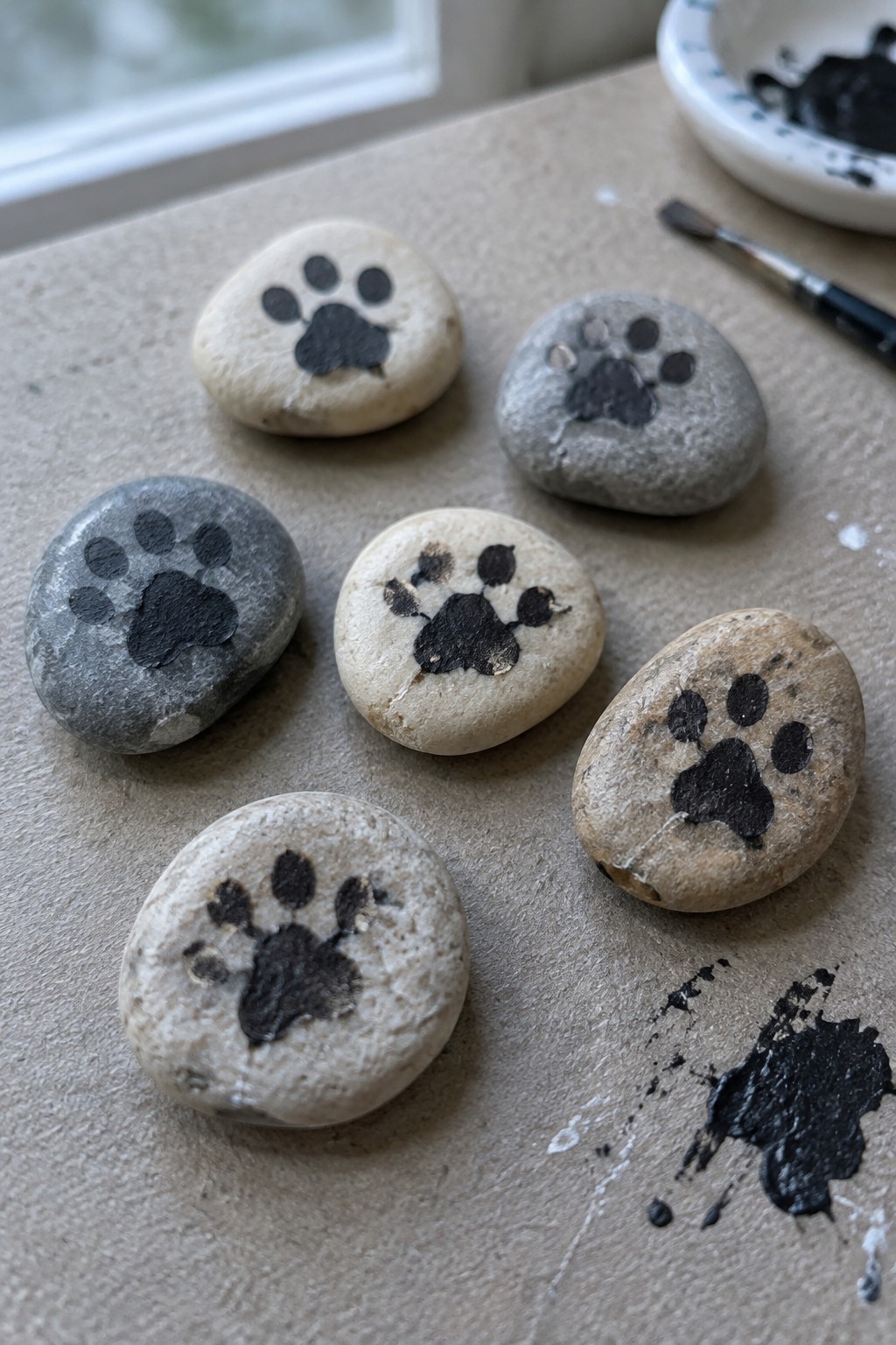 Six stones with black paw prints on a table beside paint and brush