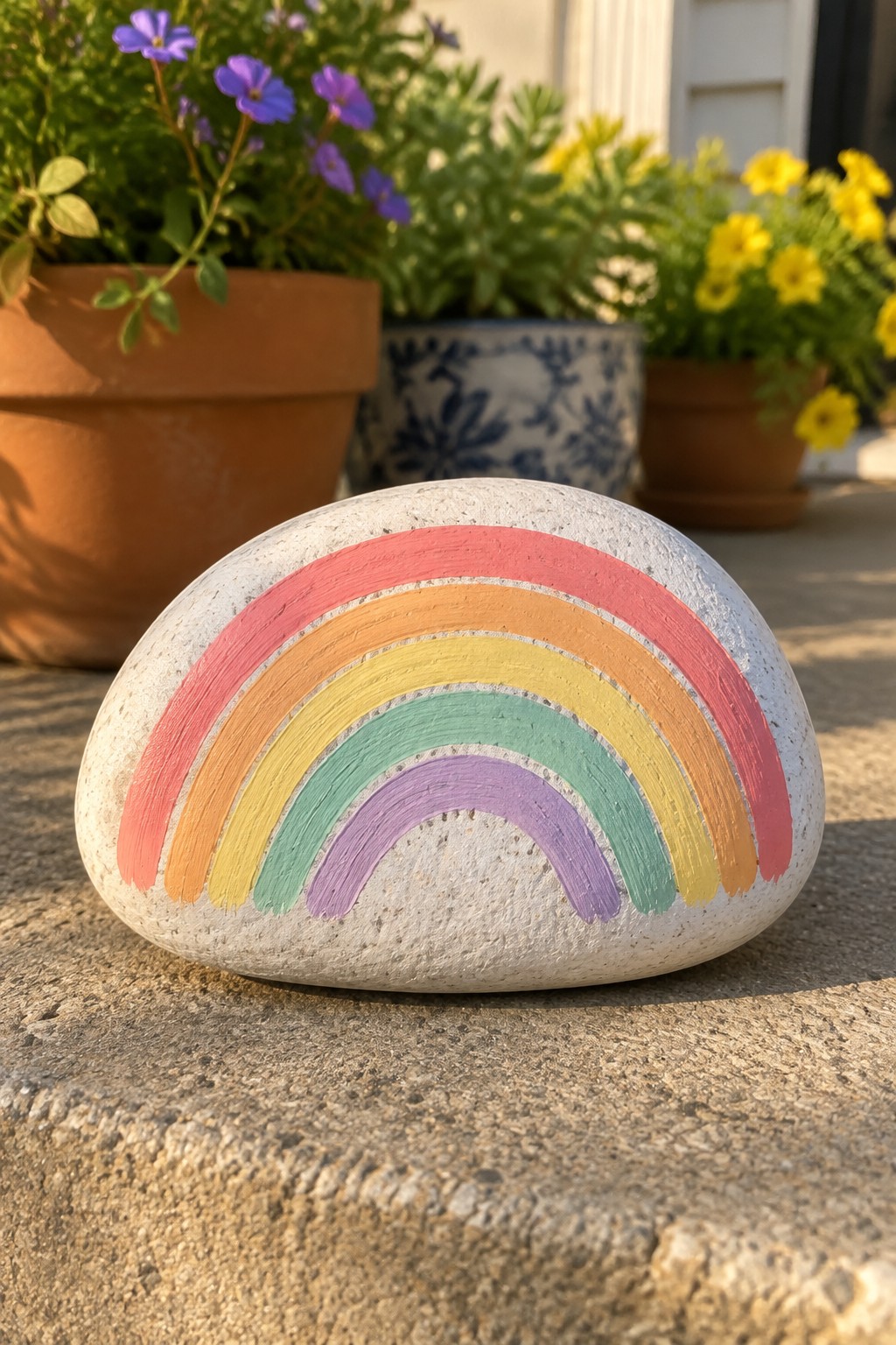 Rainbow-painted rock on concrete ledge surrounded by potted flowers