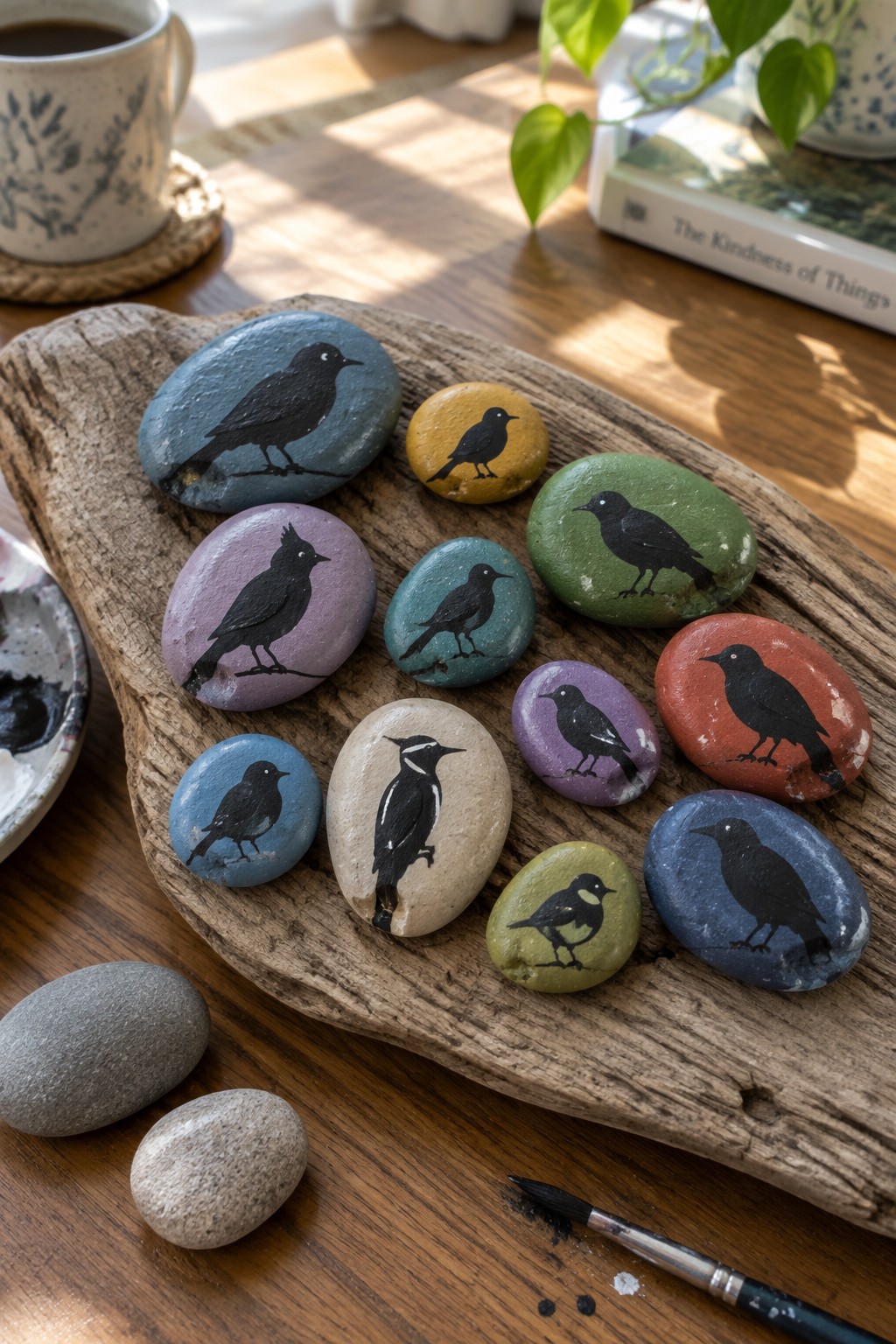 Colorful painted rocks with black bird silhouettes on rustic driftwood beside paintbrush and supplies