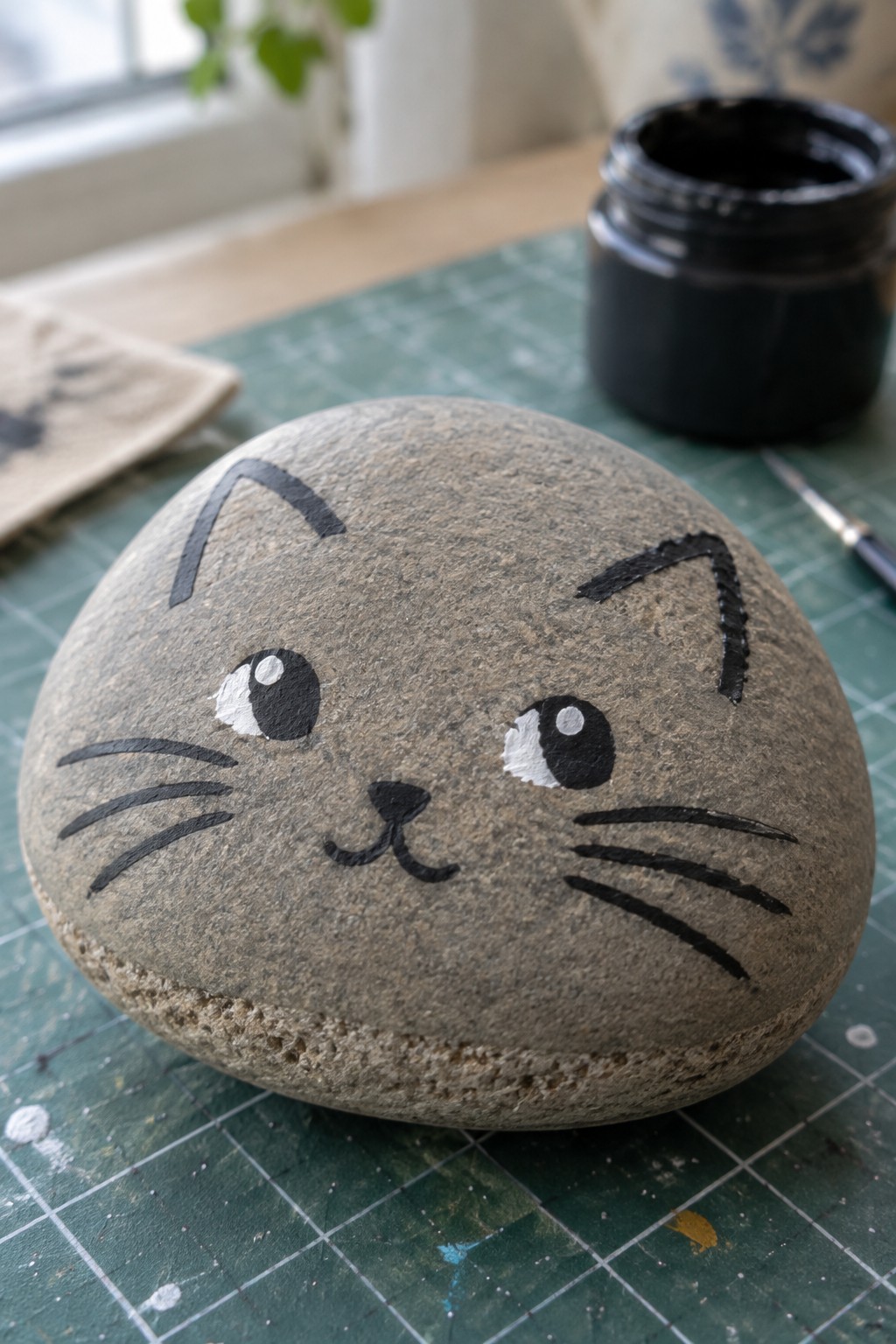 Gray rock painted as cat face with black whiskers and eyes beside paint jar