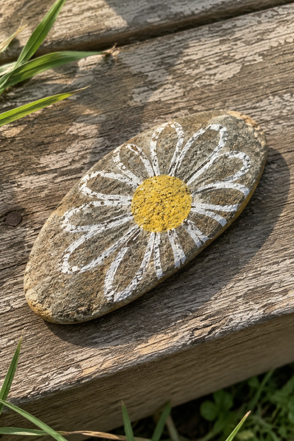 Oval gray stone with yellow-centered white daisy painted on weathered wood
