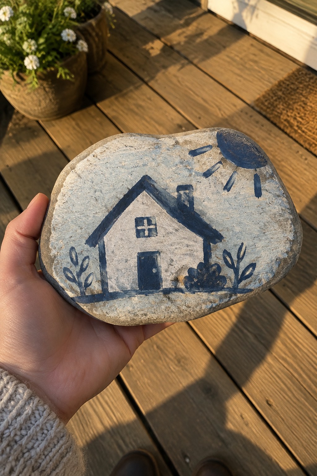 Hand in beige sweater holds rock painted with blue house, sun, and plants on deck