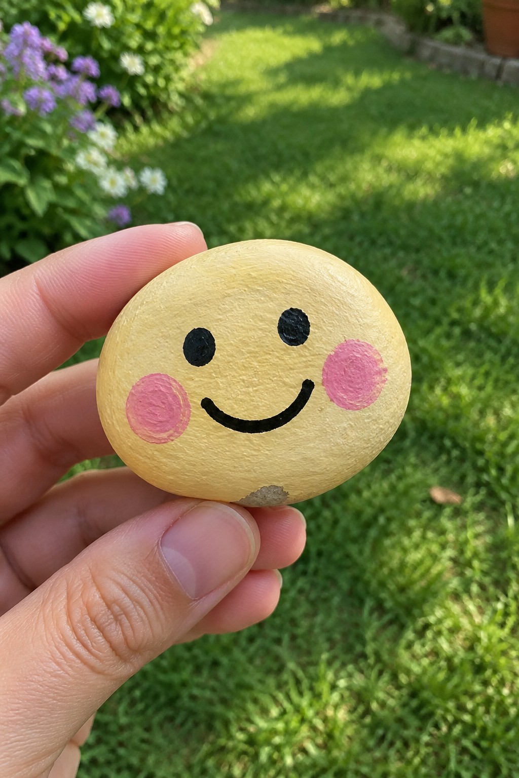 Hand holding yellow smiley-faced rock with pink cheeks in sunny garden.