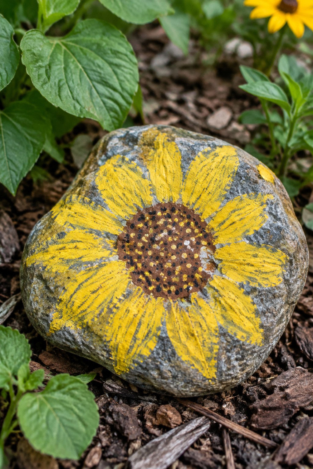 Yellow sunflower painted on gray rock amid green leaves and soil