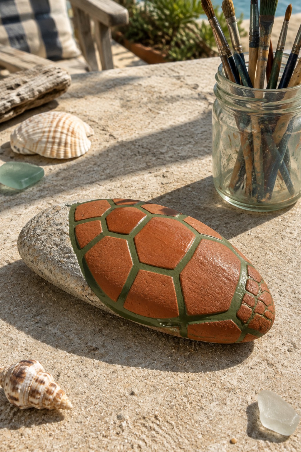 Painted orange-green turtle shell rock beside paintbrush jar and seashells on sand.