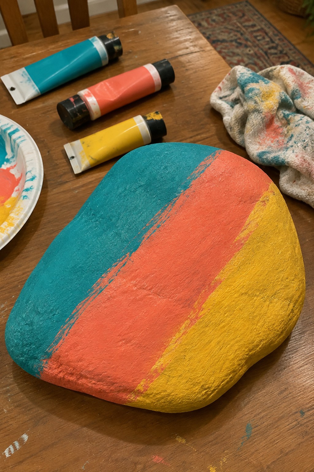 Painted rock with teal, orange, and yellow stripes beside paint tubes on wooden table