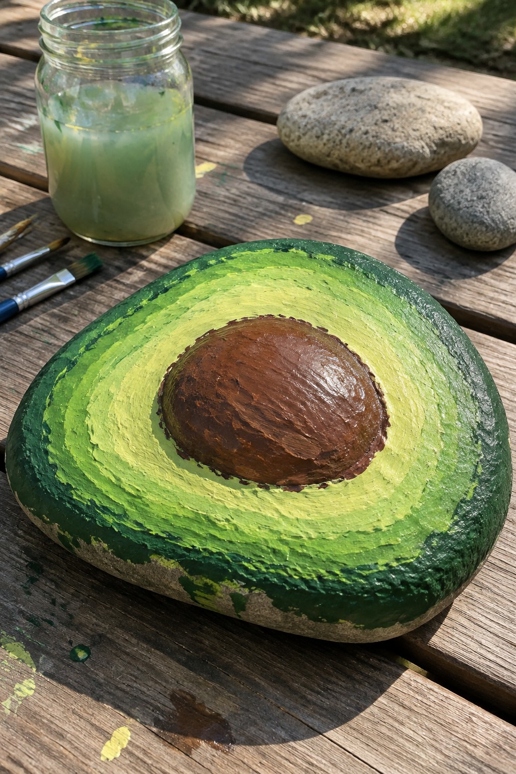 Painted avocado rock on wooden table beside green paint jar and brushes