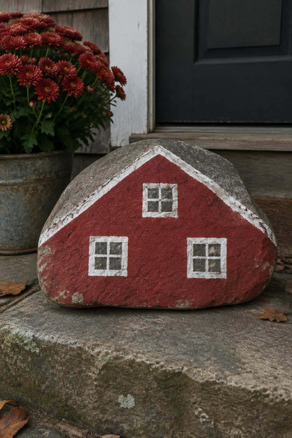 Red rock painted as barn with white windows on stone steps beside flowers
