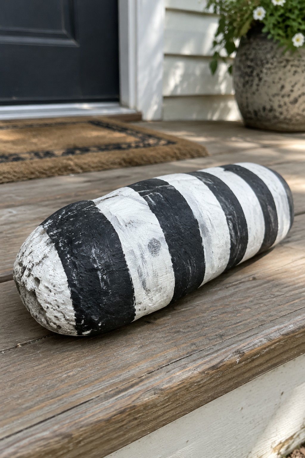 Black and white striped painted log on wooden porch steps by door