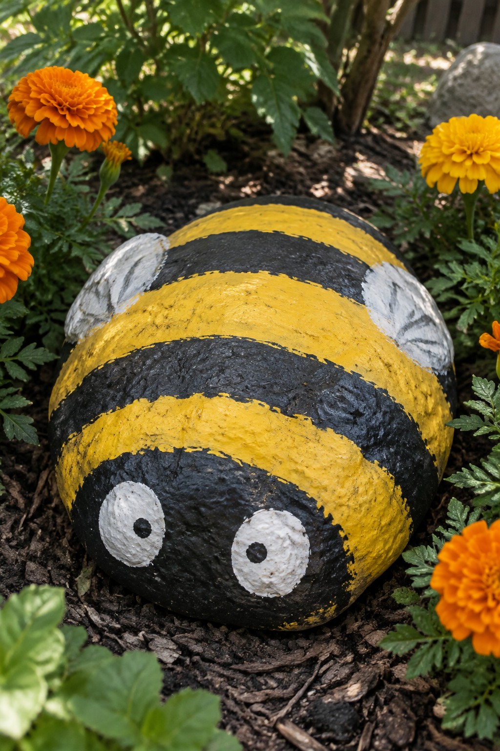 Painted rock bumblebee with yellow-black stripes, white wings, and eyes in garden