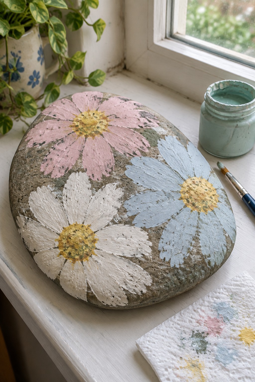 Painted rock with pink, white, and blue daisies beside paint jar and brush on windowsill