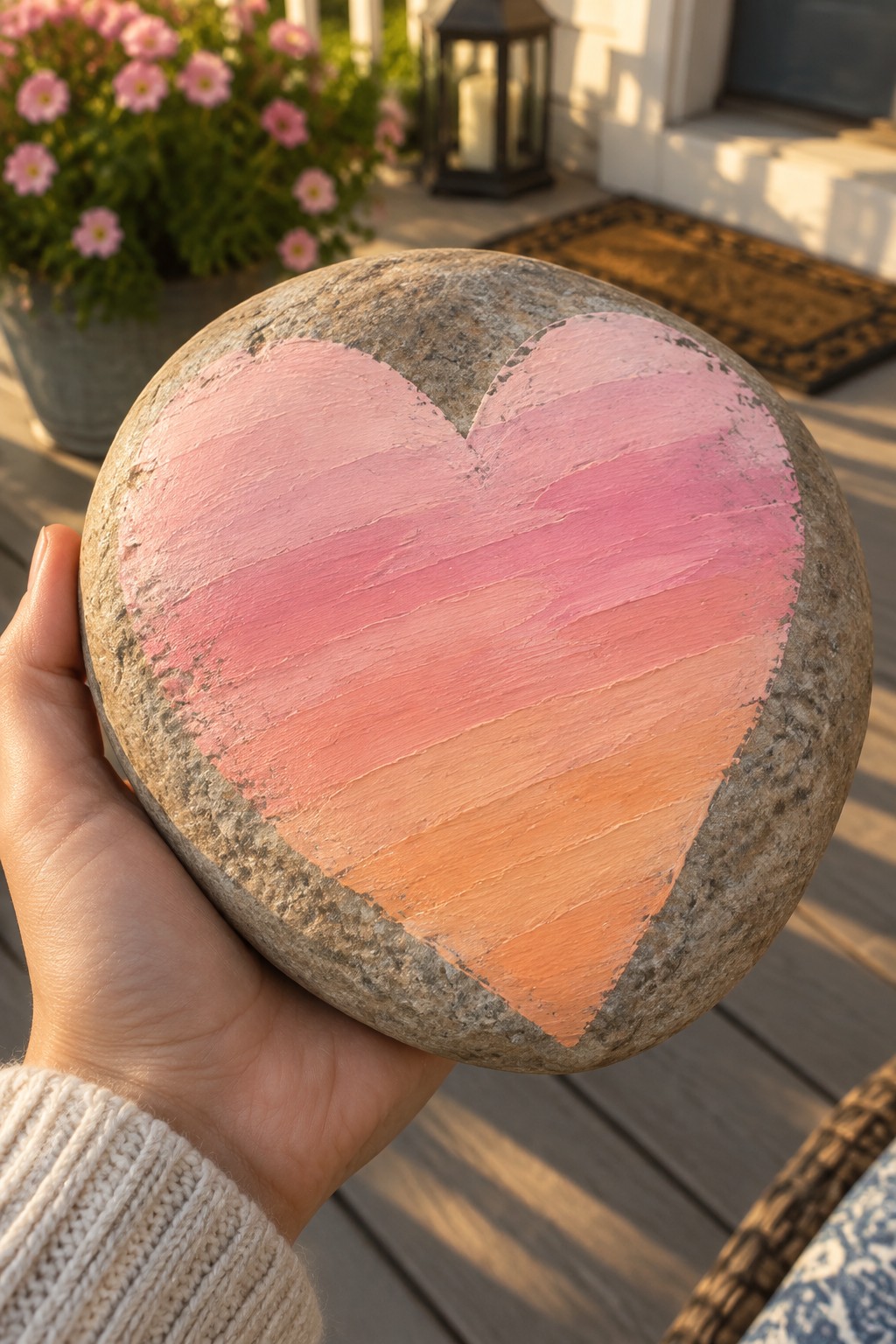 Hand holding stone painted with pink-orange heart on sunny porch with flowers