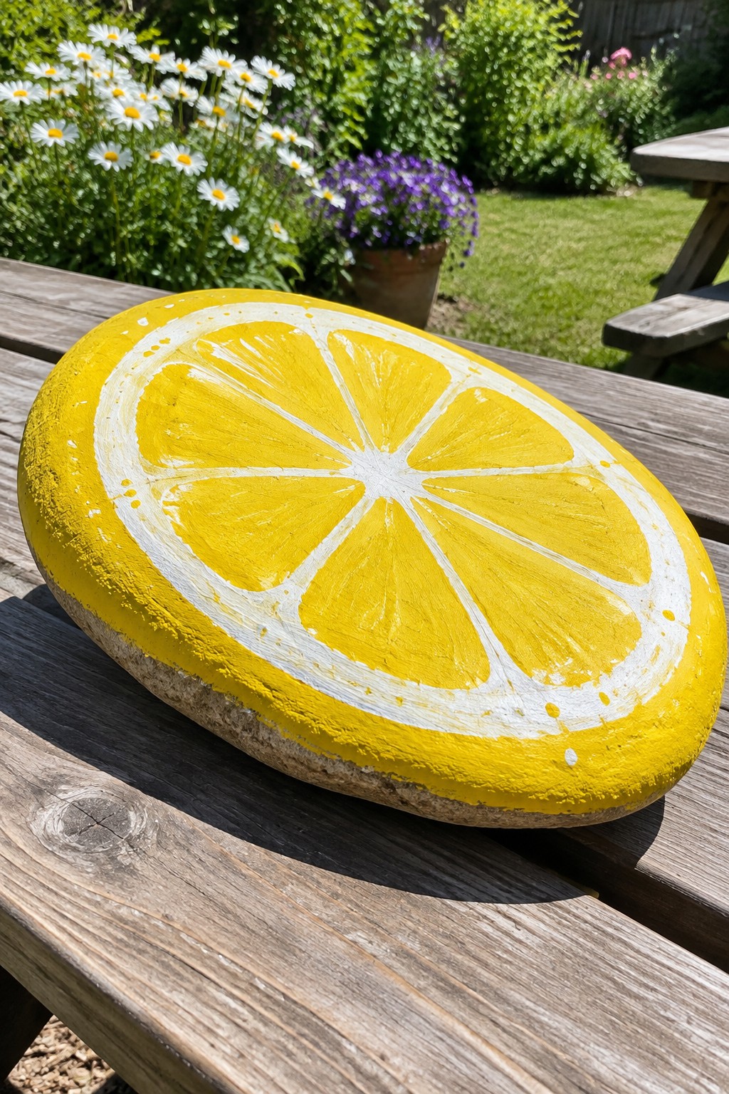 Yellow painted rock with lemon slice design on wooden garden table