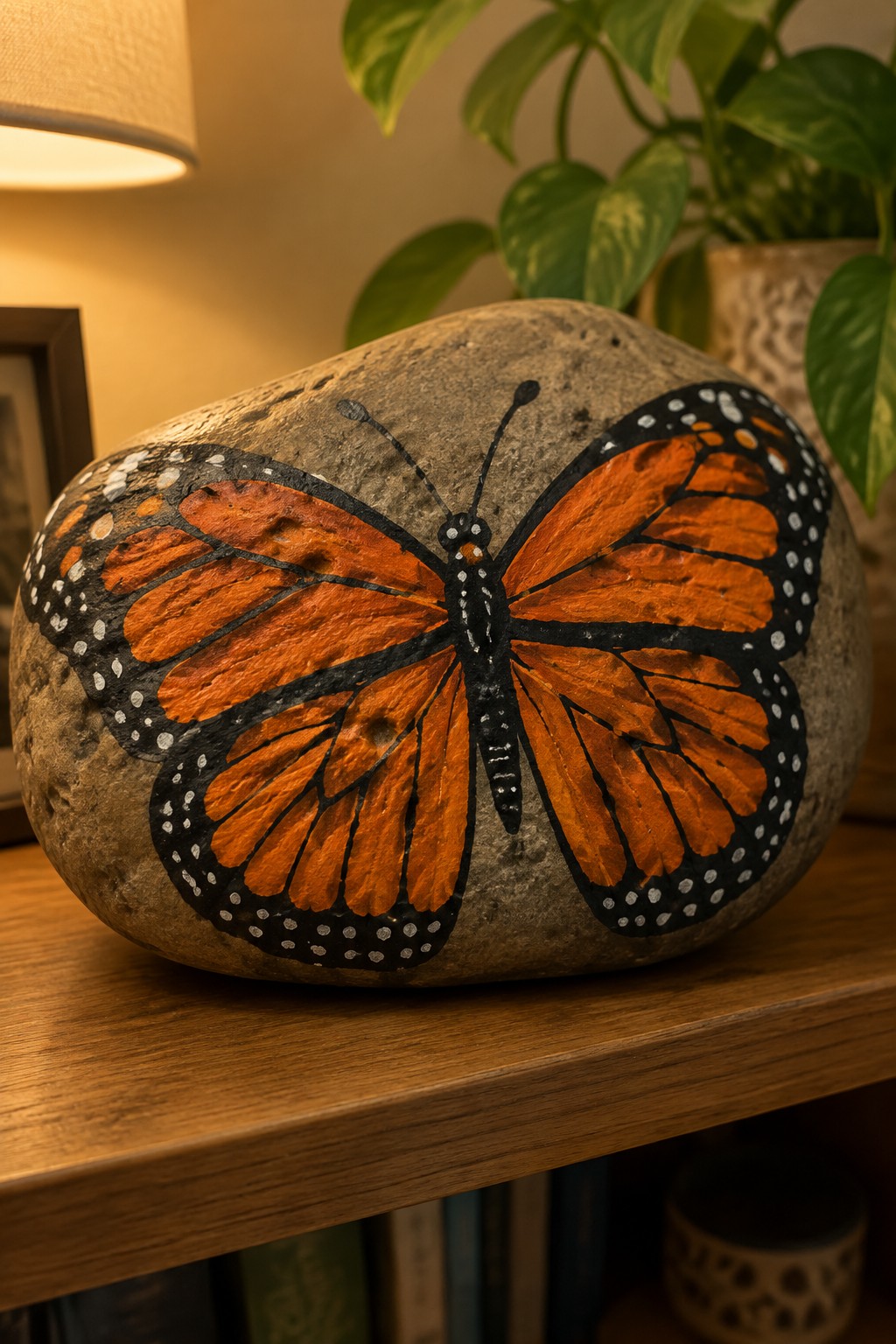 Gray rock painted with vibrant orange monarch butterfly on wooden surface