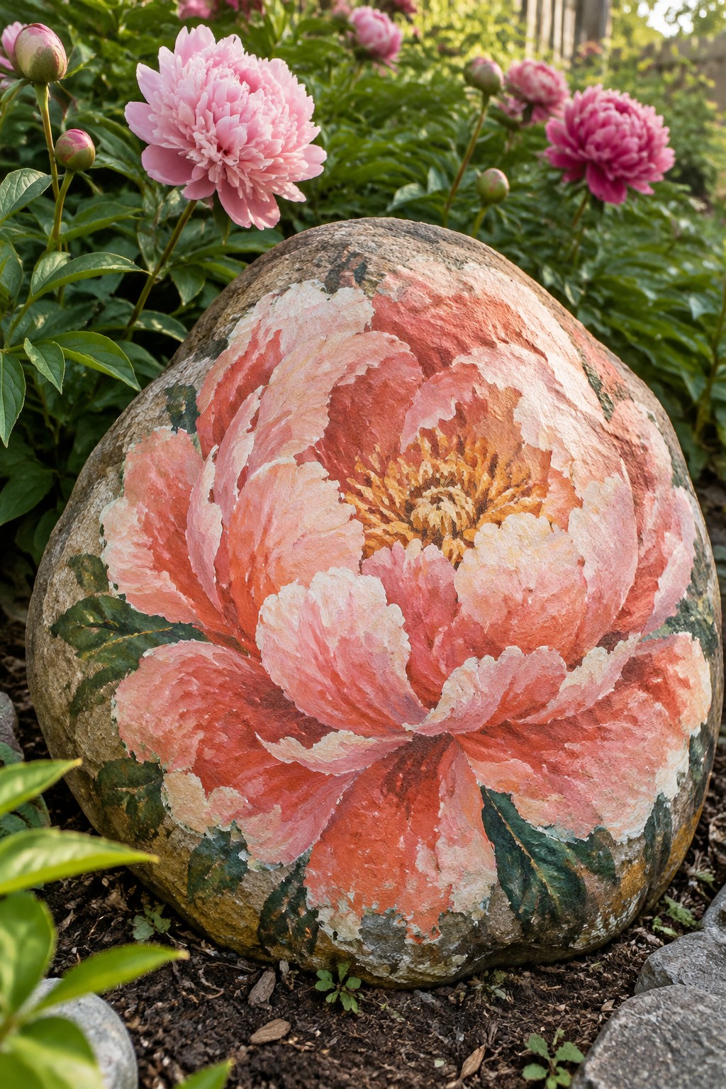 A large rounded rock painted with a big pink and red peony flower sits on garden soil among real peony plants.