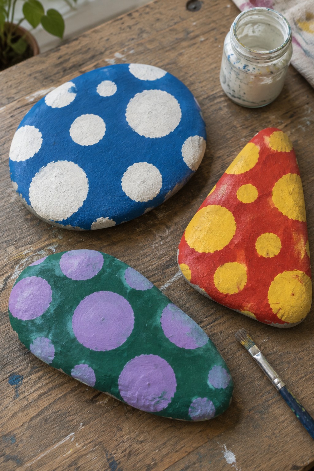 Three polka-dotted rocks in blue, green, and red beside paint jar and brush