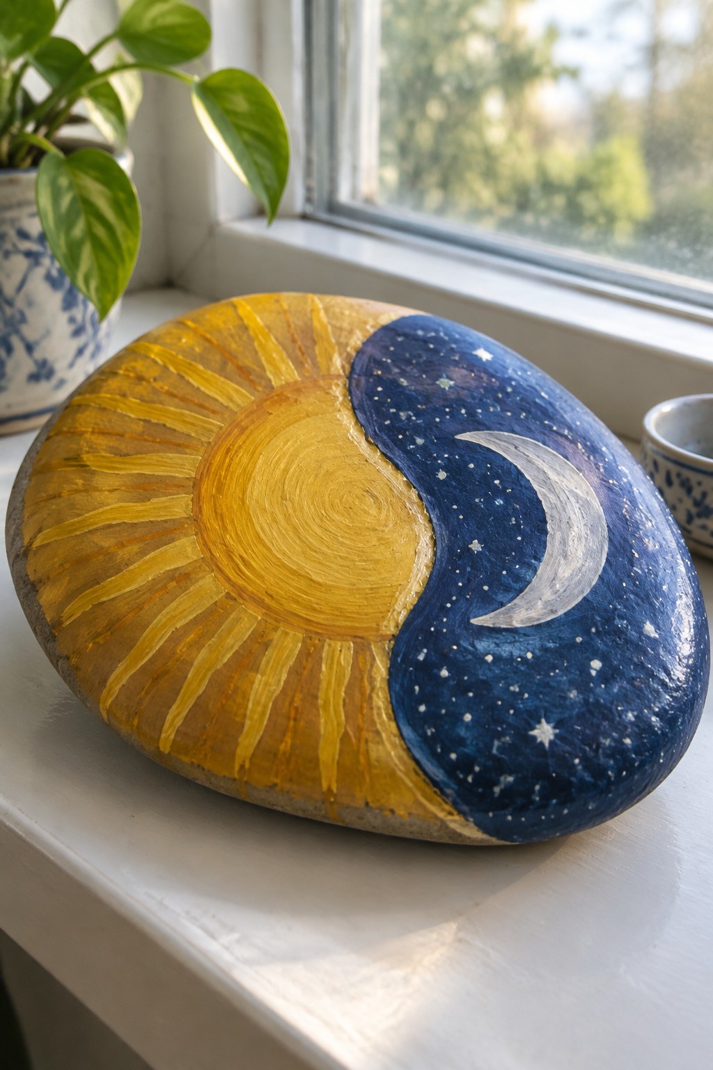 Painted rock with yellow sun rays and blue starry night with crescent moon on windowsill
