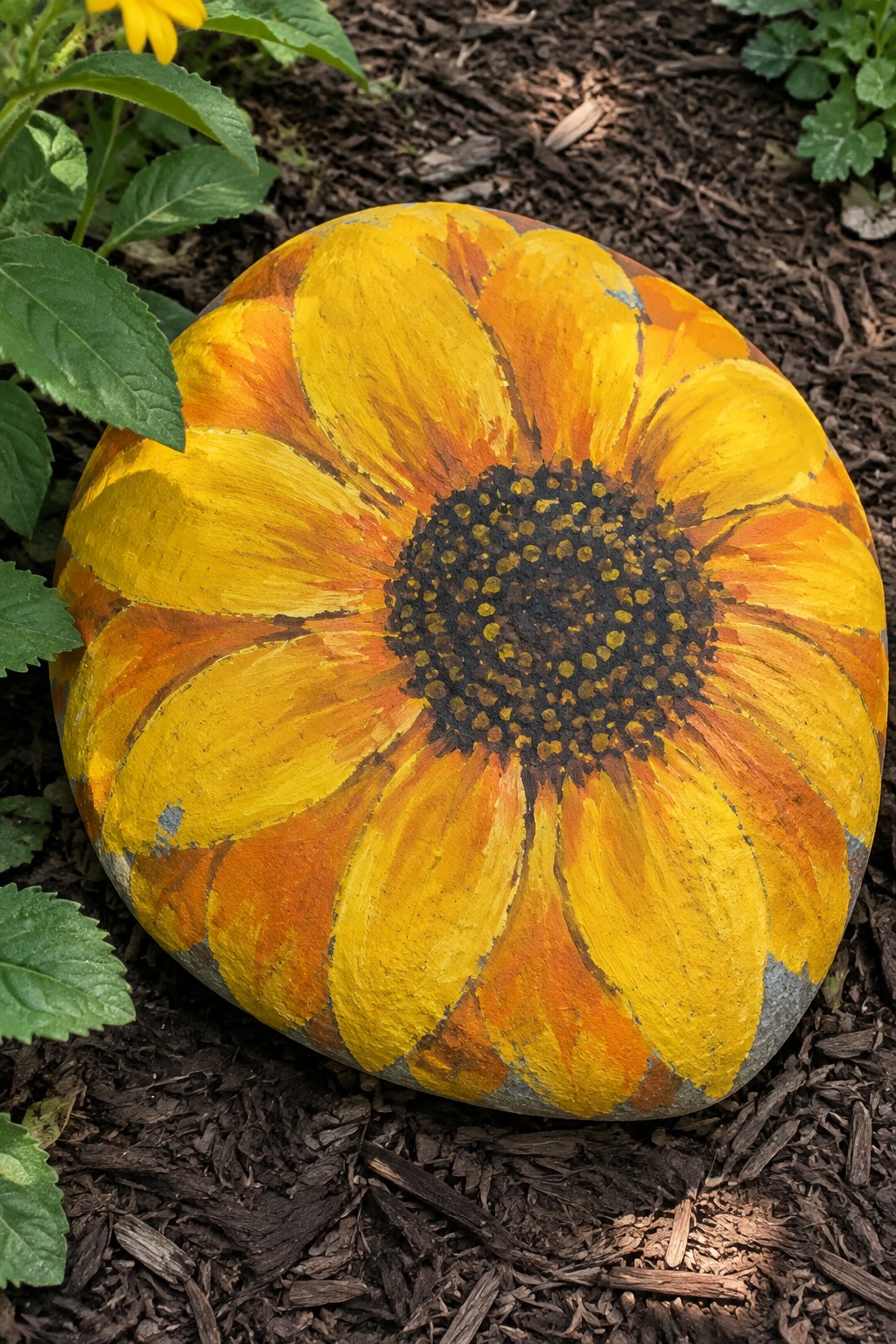 Round painted rock with yellow-orange sunflower petals and dark dotted center on mulch