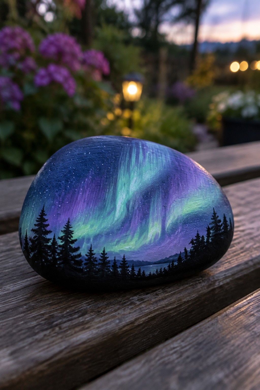 Painted stone showing northern lights in blue, green, and purple above pine silhouettes.