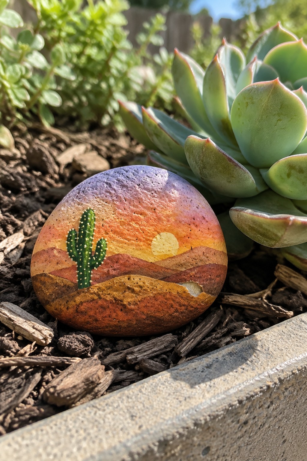 Painted rock with desert sunset, cactus, mountains beside green succulent