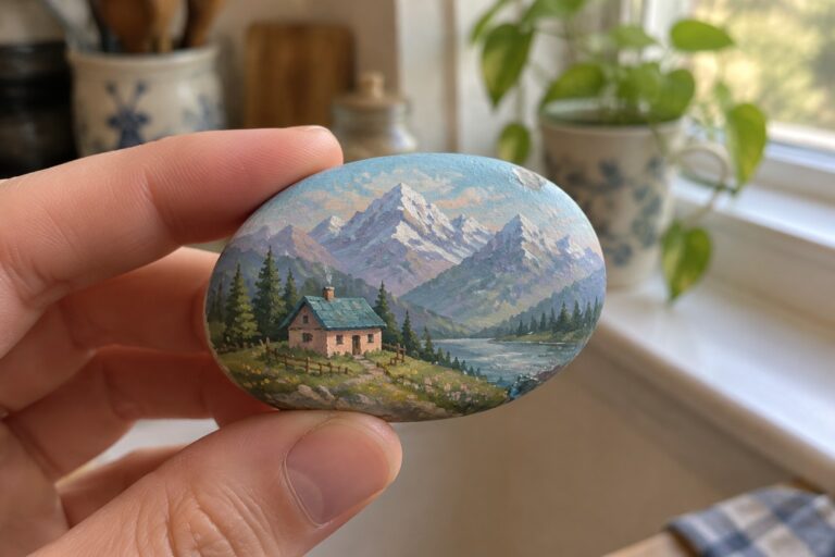 18 Creative Rock Painting Ideas Featuring Miniature Landscapes Hand holding a round painted stone of an alpine house by a mountain lake