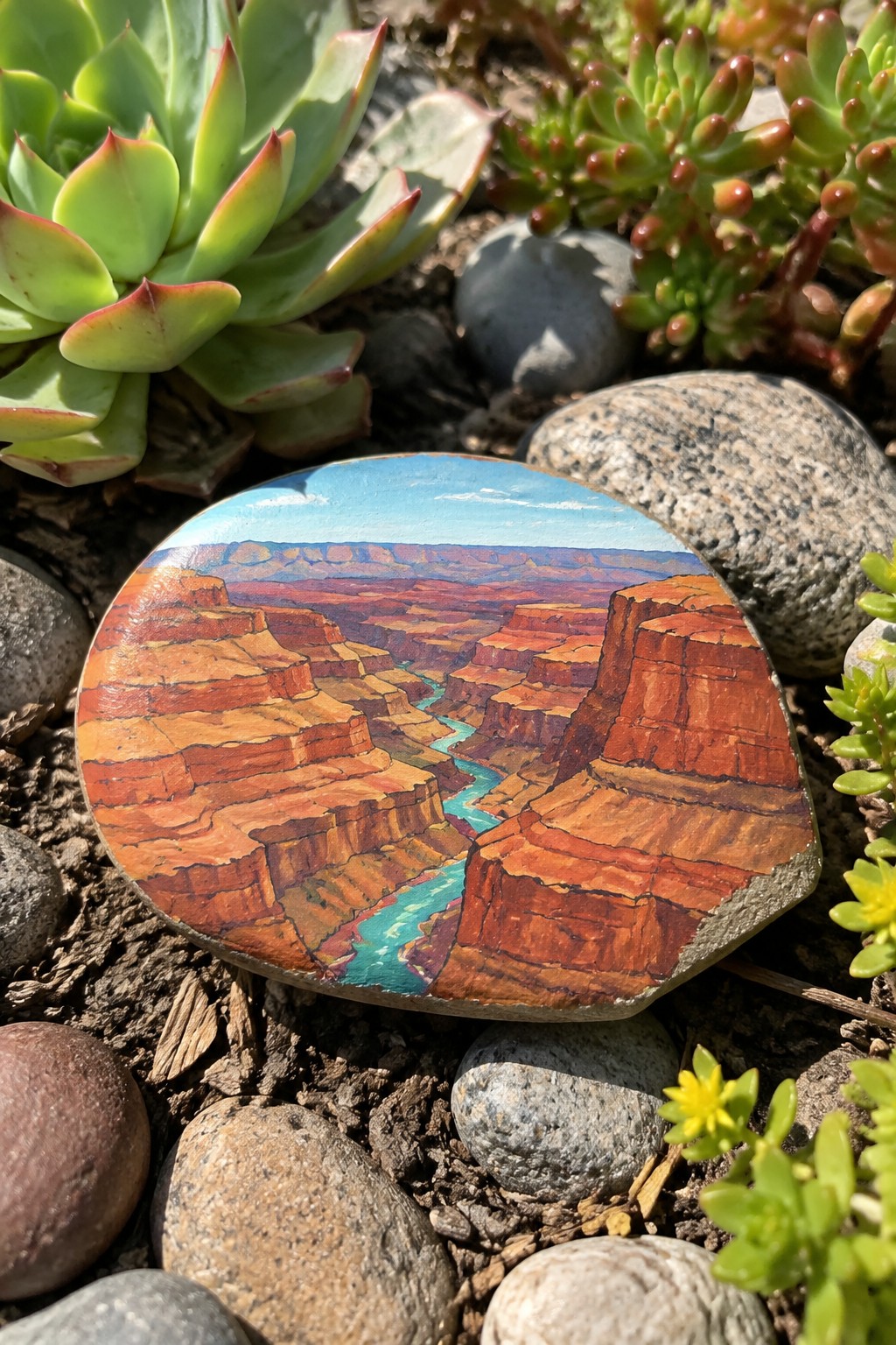 Painted rock of Grand Canyon cliffs and river amid succulents and pebbles
