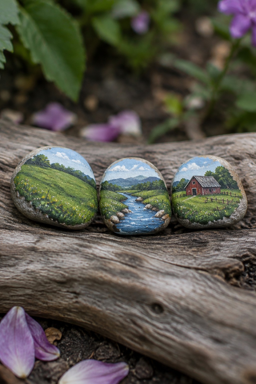 Three painted rocks with landscape scenes rest on weathered driftwood amid purple petals.