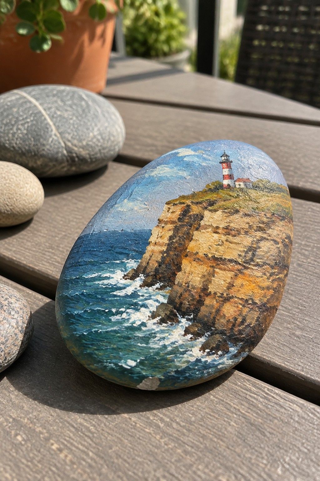 Painted oval rock showing lighthouse on cliff above crashing blue ocean waves.
