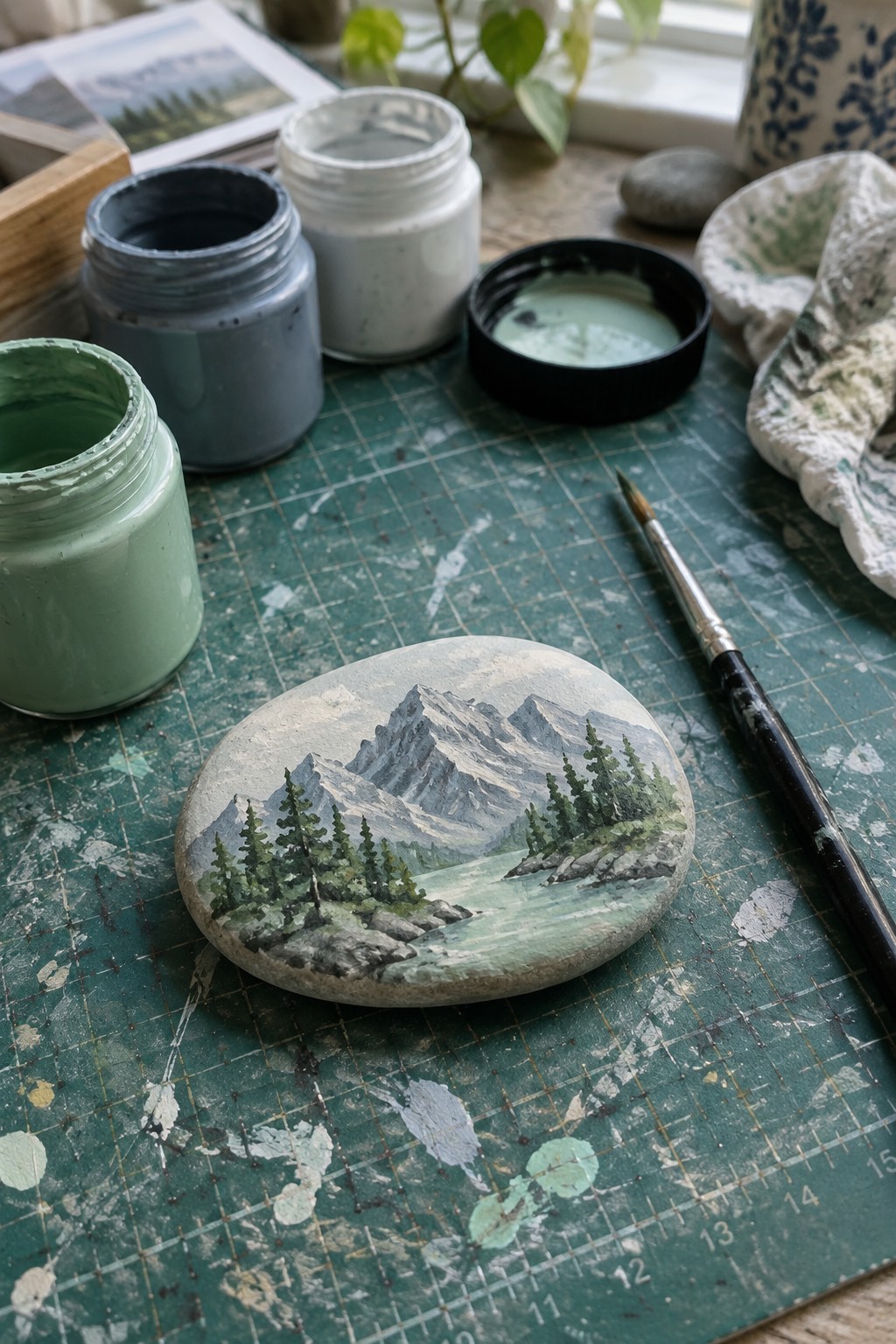 Painted mountain landscape on rock amid green paint jars and brush on mat