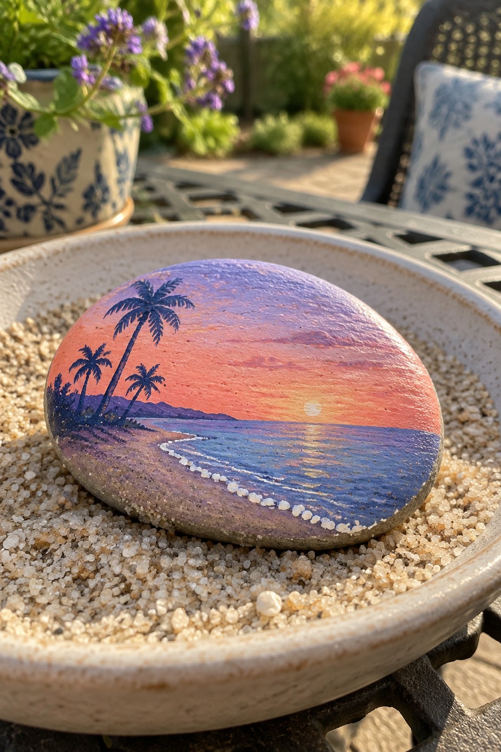 Painted rock with tropical sunset, palm trees, and ocean in sandy bowl