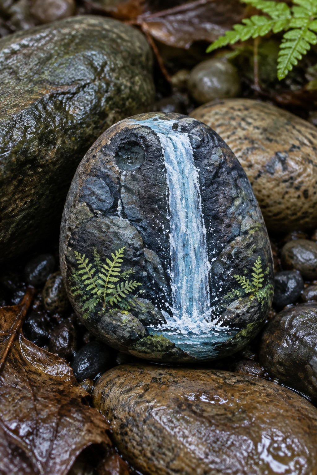 Painted rock with blue waterfall cascading over dark stones amid green ferns and wet pebbles