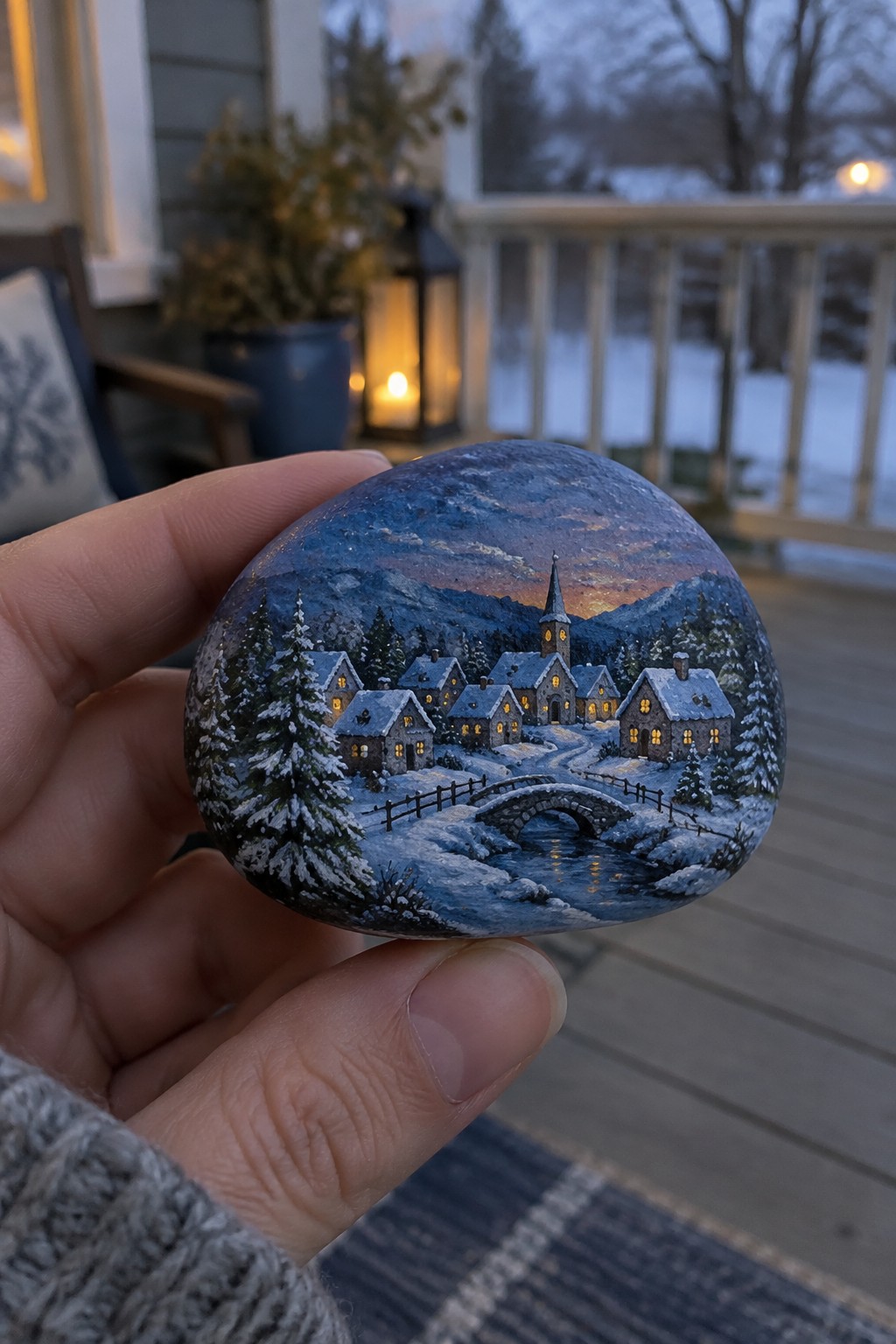 Hand holding painted rock with snowy village, church, bridge, glowing windows, and mountains.