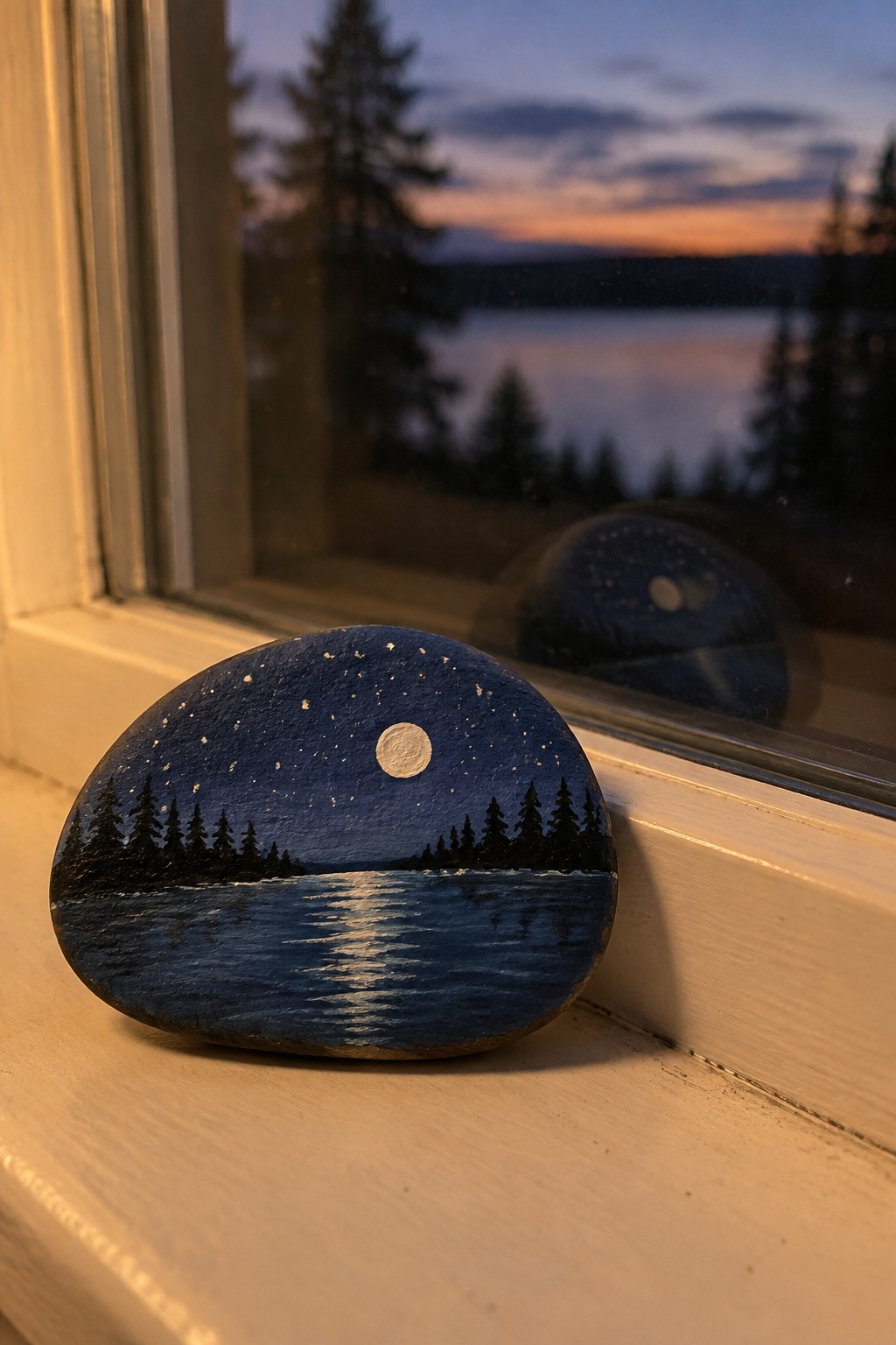 Painted rock with moon, stars, pine trees, and lake on windowsill