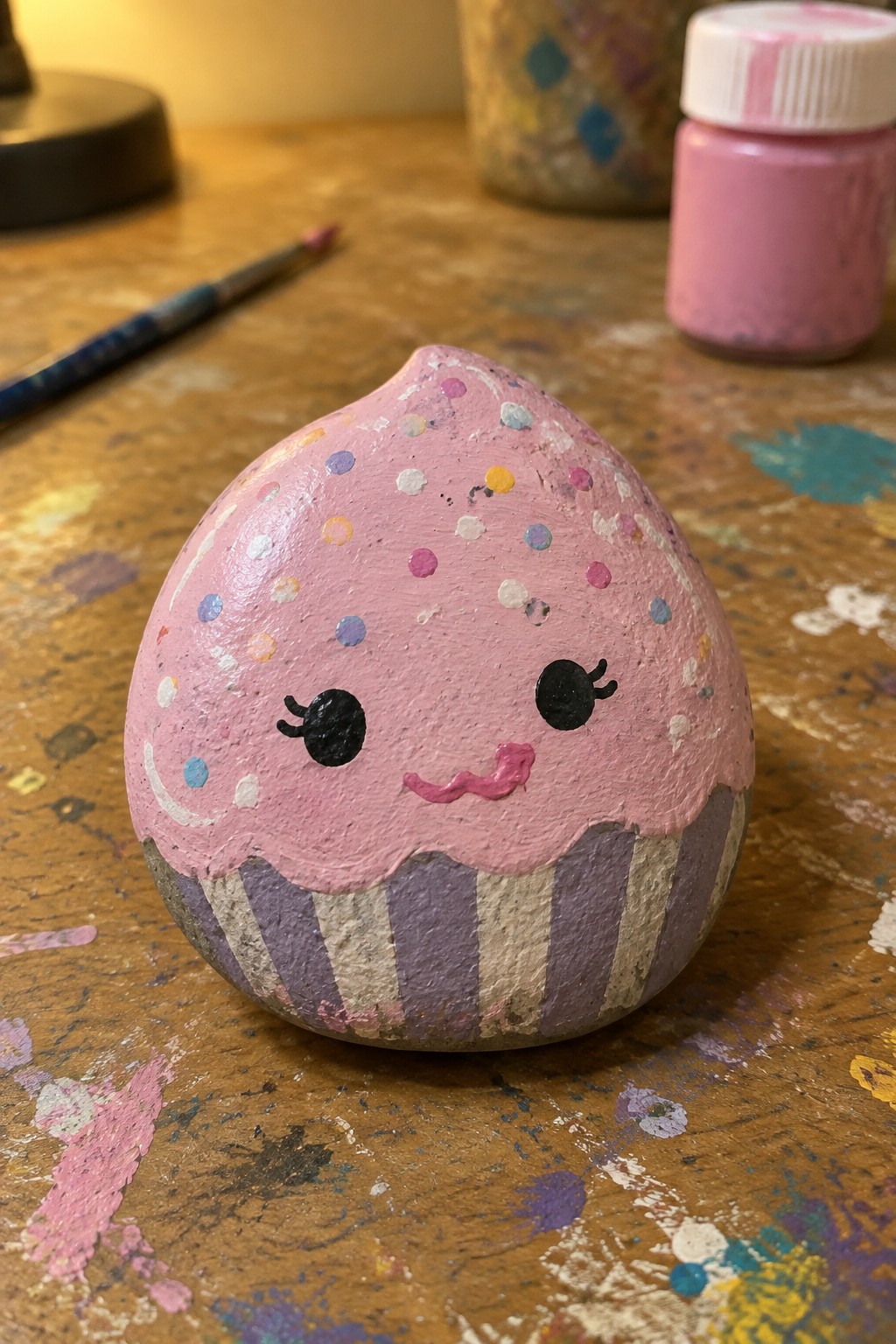 Painted pink cupcake rock with sprinkles, striped base, and cute face on wooden table