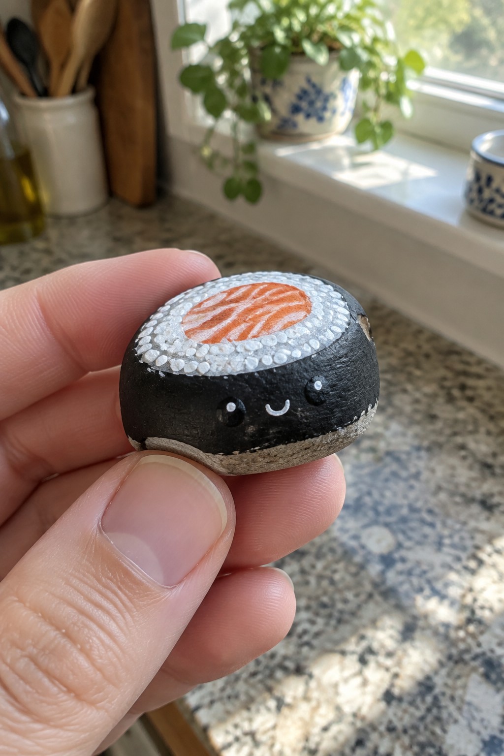 Hand holding a smiling sushi roll painted on a small black rock