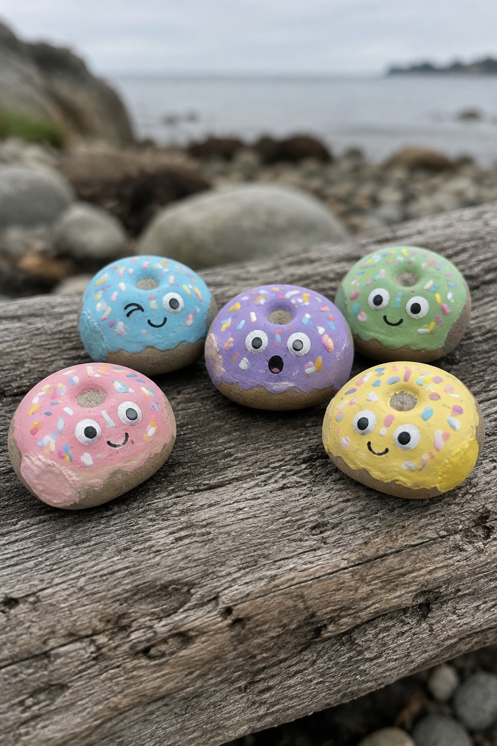 Five colorful donut-shaped painted rocks with cartoon faces on driftwood by the sea.