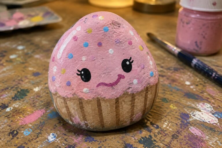 18 Cute Food Character Rocks With Expressive Faces Painted pink cupcake rock with sprinkles, striped base, and cute face on wooden table