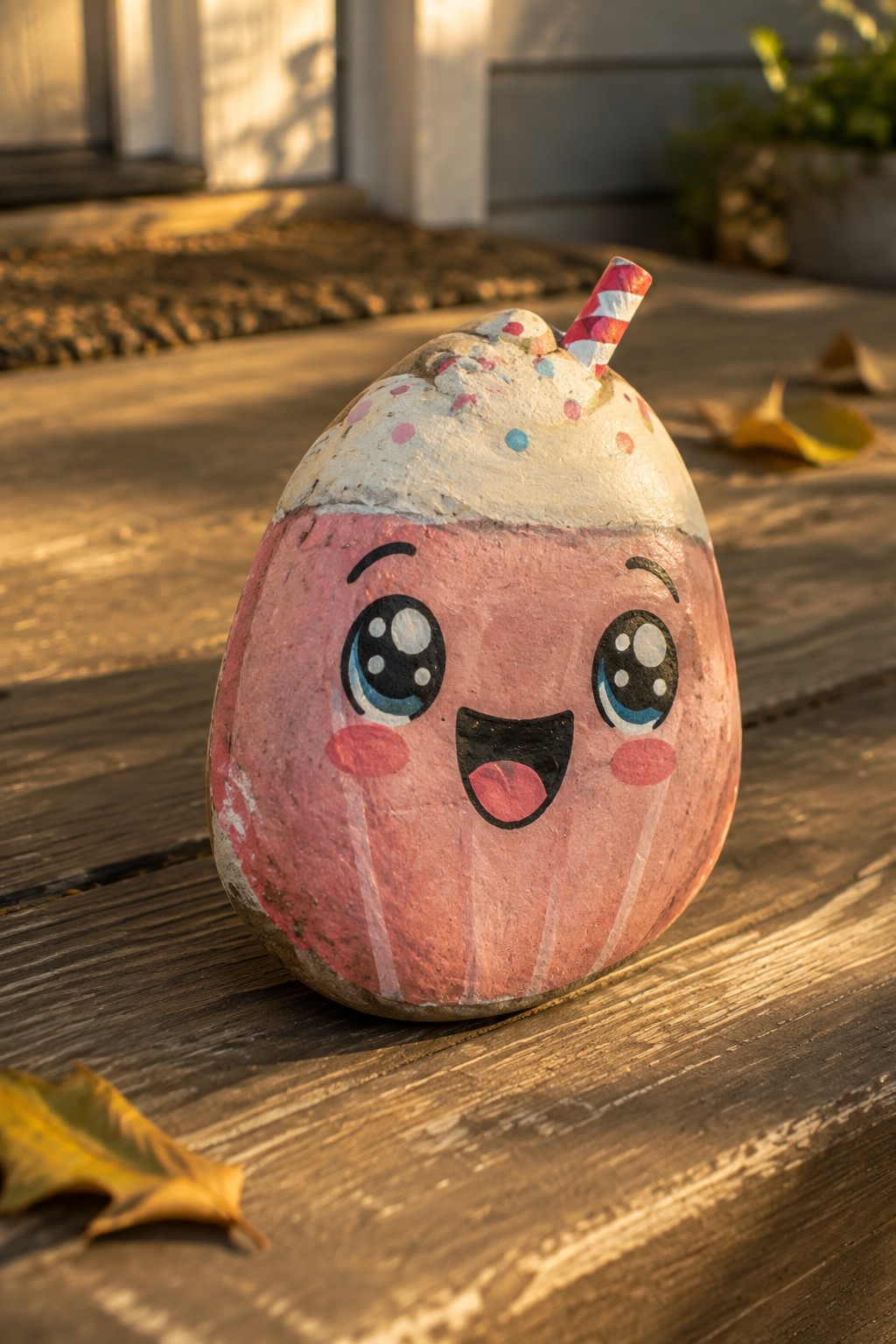 Smiling pink milkshake painted on rock with sprinkles, foam, and striped straw