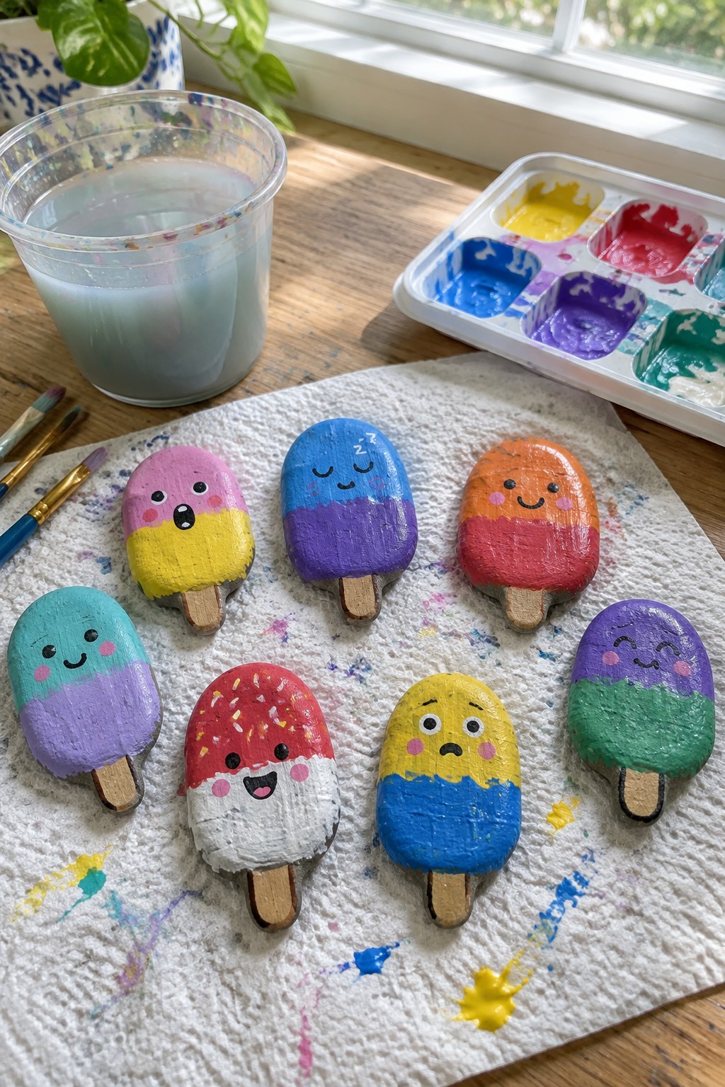 Colorful painted popsicle rocks with cartoon faces on splattered paper towel amid art supplies